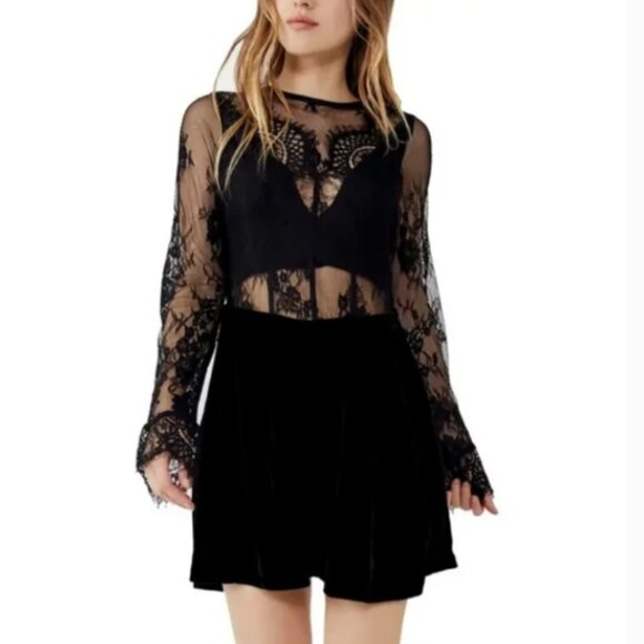 FREE PEOPLE Marlie Mini Dress Sz L Black Lace and Velvet Floral Sheer Whimsigoth - Picture 1 of 13